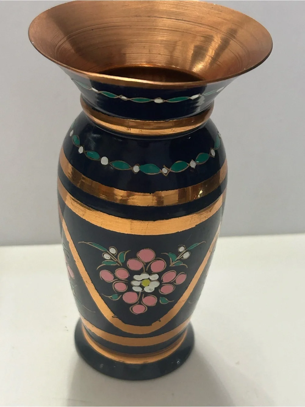 Vintage Enamel on Copper Mini Vase Blue Floral 4” - Picture 4 of 8